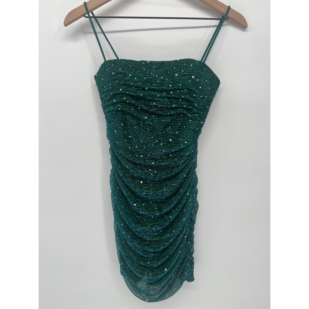 Lulus Mini Dress Womens‎ 2 Green Ruched Rhinestone Glitter Party Bodycon